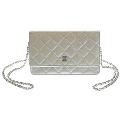 Chanel Quilted Chain Wallet Shoulder Bag Silver Lambskin