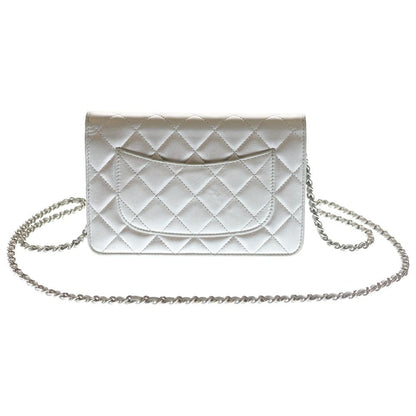 Chanel Quilted Chain Wallet Shoulder Bag Silver Lambskin — view 2