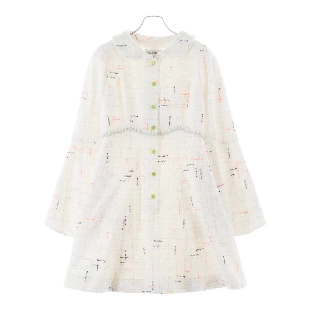 Chanel 24c Multicolor Tweed Sequin Round Collar Long Sleeve Dress White