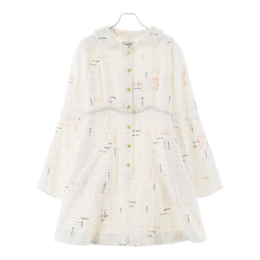 Chanel 24c Multicolor Tweed Sequin Round Collar Long Sleeve Dress White