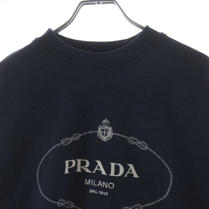 Prada Logo Embroidery Striped Rib Cropped Sweatshirt Navy — view 3