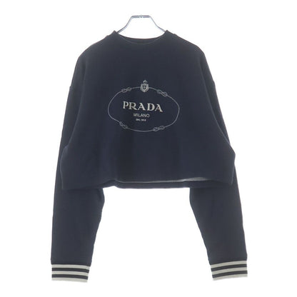 Prada Logo Embroidery Striped Rib Cropped Sweatshirt Navy