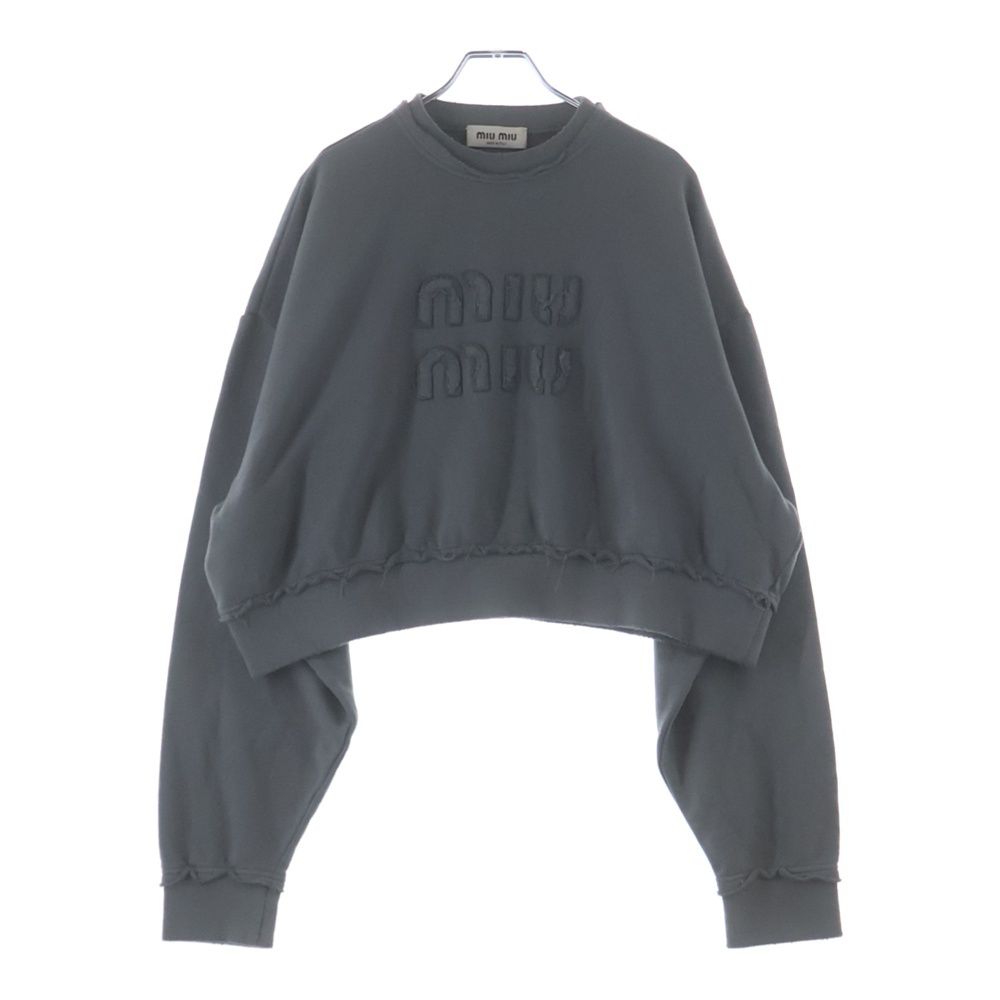 Miu Miu Cutoff Distressed Finished Piece Dyed Logo Short Length Sweatshirt Gray
