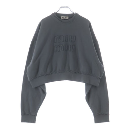 Miu Miu Cutoff Distressed Finished Piece Dyed Logo Short Length Sweatshirt Gray