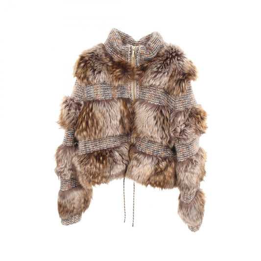 Chanel CC Logo Button Fur Jacket Brown Cashmere