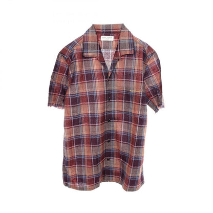 Saint Laurent Paris Logo Embroidery Plaid Cut Off Short Sleeve Brown Wool Shirt