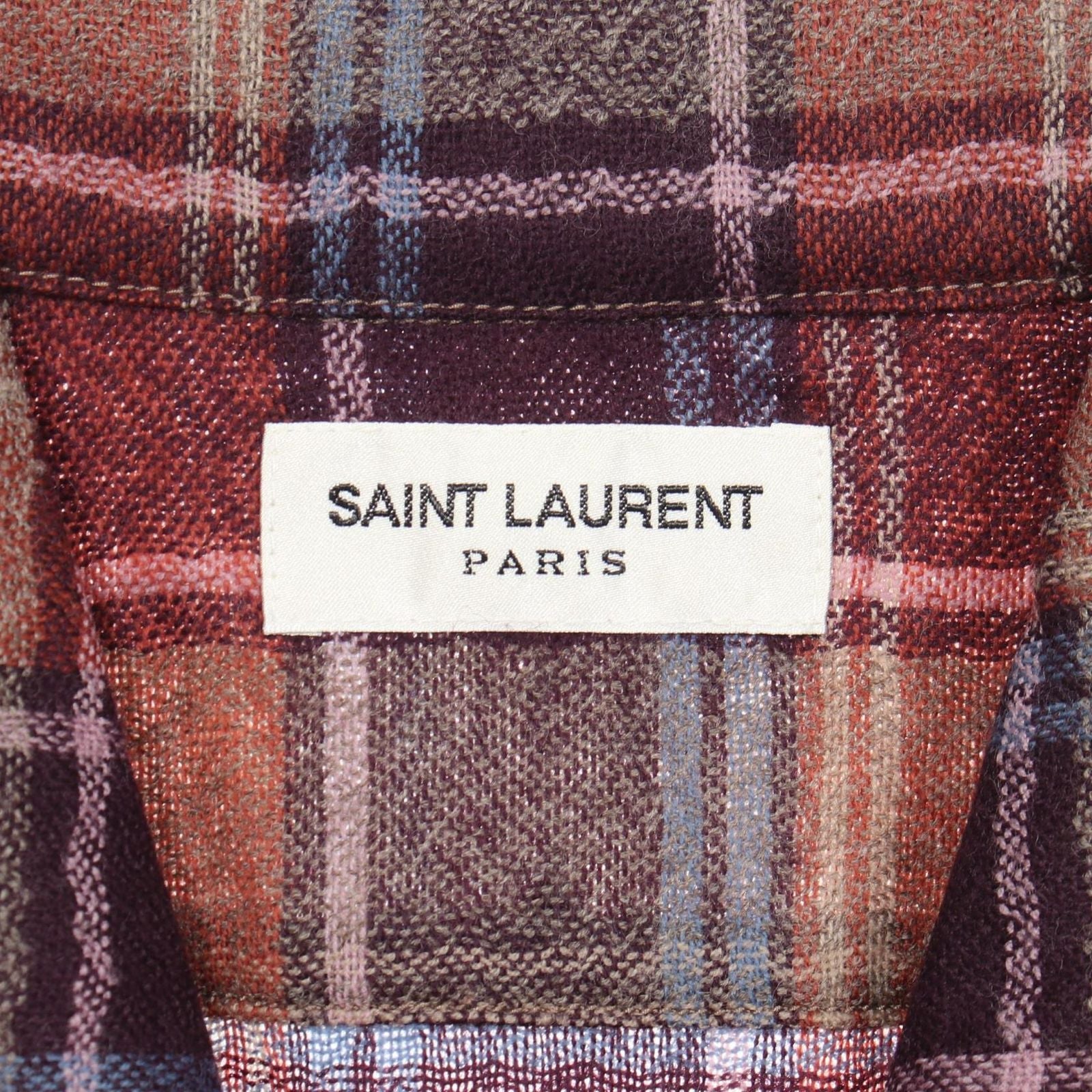 Saint Laurent Paris Logo Embroidery Plaid Cut Off Short Sleeve Brown Wool Shirt — view 3