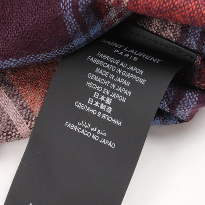 Saint Laurent Paris Logo Embroidery Plaid Cut Off Short Sleeve Brown Wool Shirt — view 5