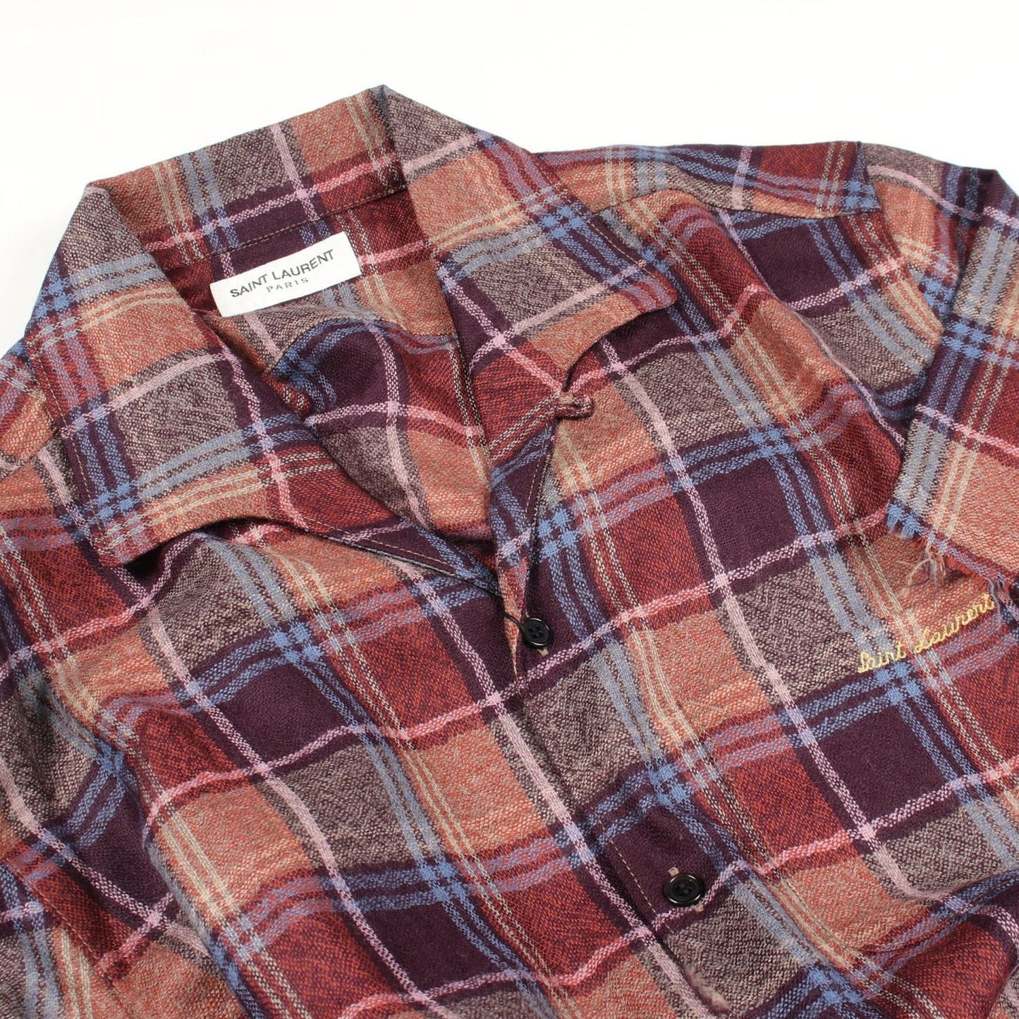 Saint Laurent Paris Logo Embroidery Plaid Cut Off Short Sleeve Brown Wool Shirt — view 6
