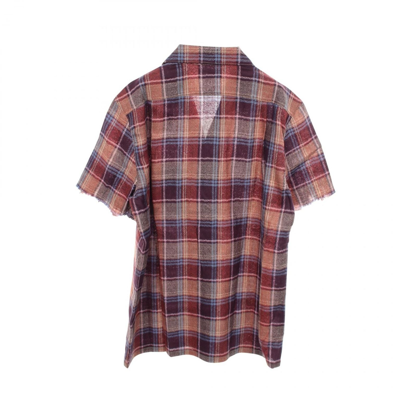 Saint Laurent Paris Logo Embroidery Plaid Cut Off Short Sleeve Brown Wool Shirt — view 2