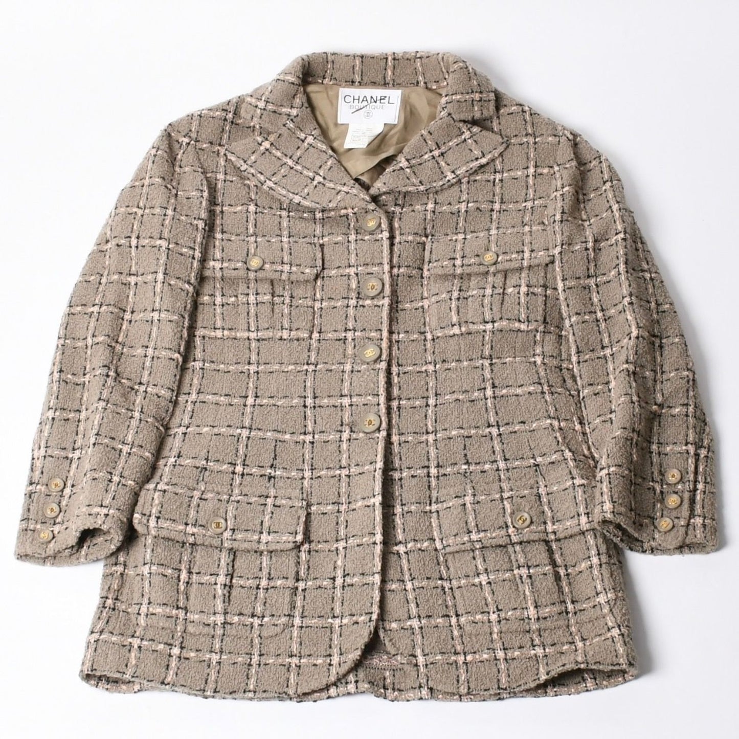 Chanel Tweed Tailored Jacket CC Logo Wool Khaki Pink Black