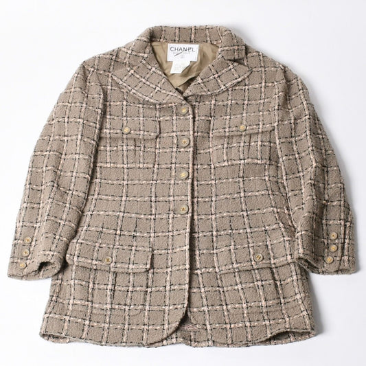 Chanel Tweed Tailored Jacket CC Logo Wool Khaki Pink Black
