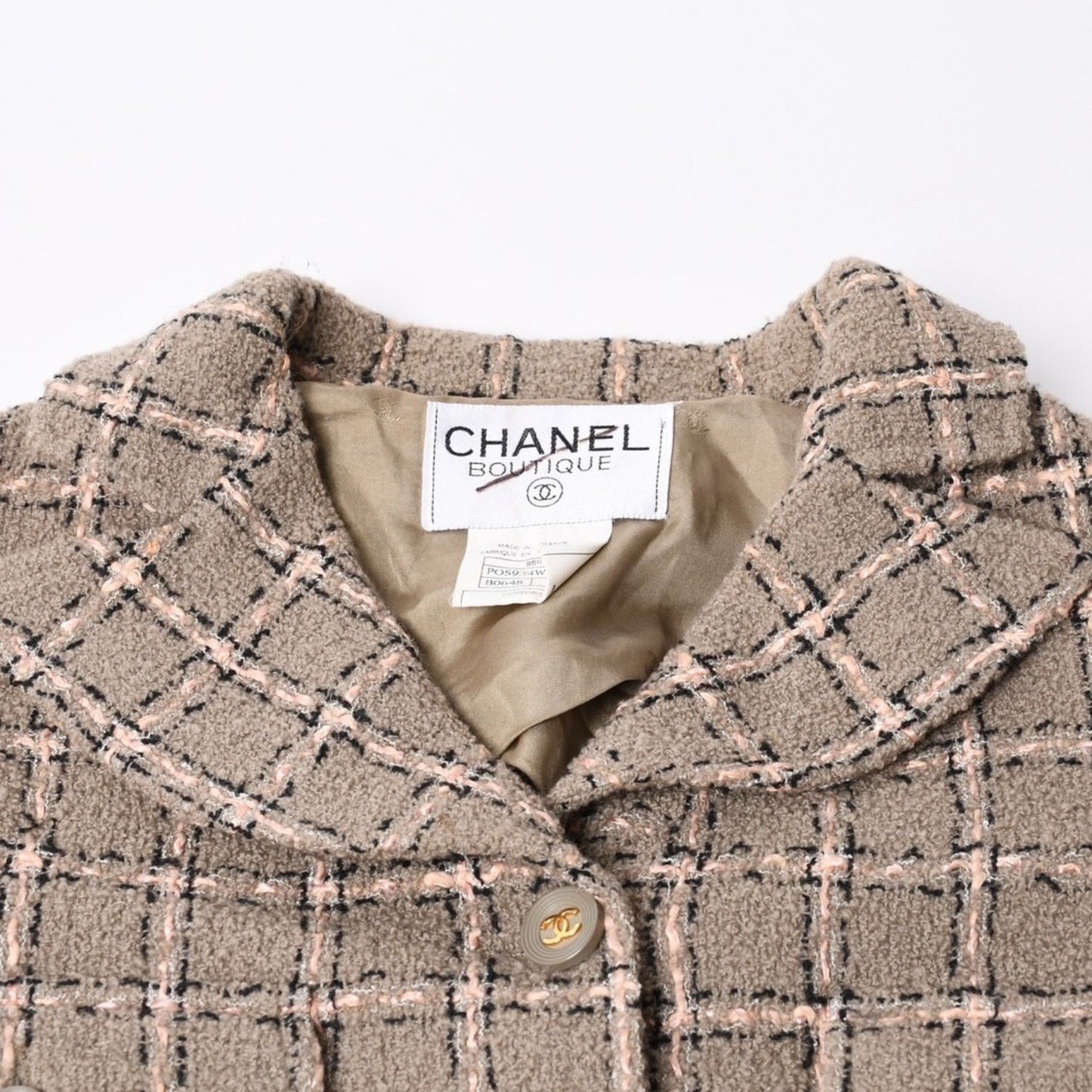 Chanel Tweed Tailored Jacket CC Logo Wool Khaki Pink Black — view 3