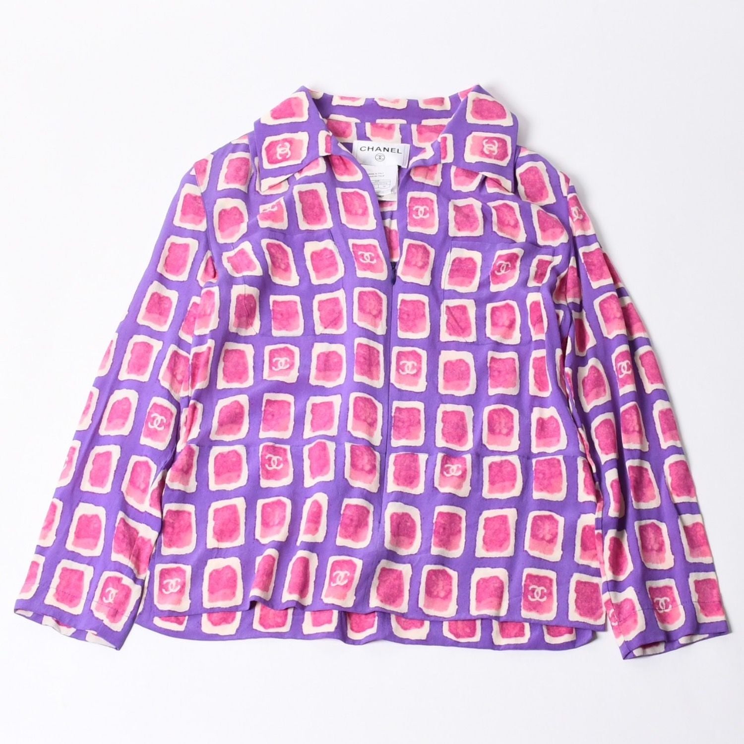 Chanel Zip Up Long Sleeve Silk Shirt CC Logo Coco Cube Purple 36