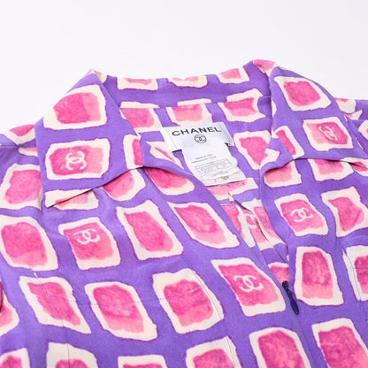Chanel Zip Up Long Sleeve Silk Shirt CC Logo Coco Cube Purple 36 — view 4