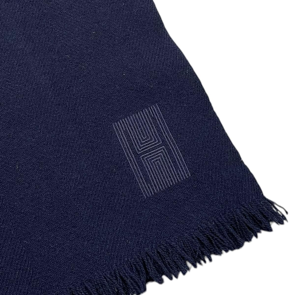 Hermes Shawl Logo Scarf Cashmere Navy — view 7