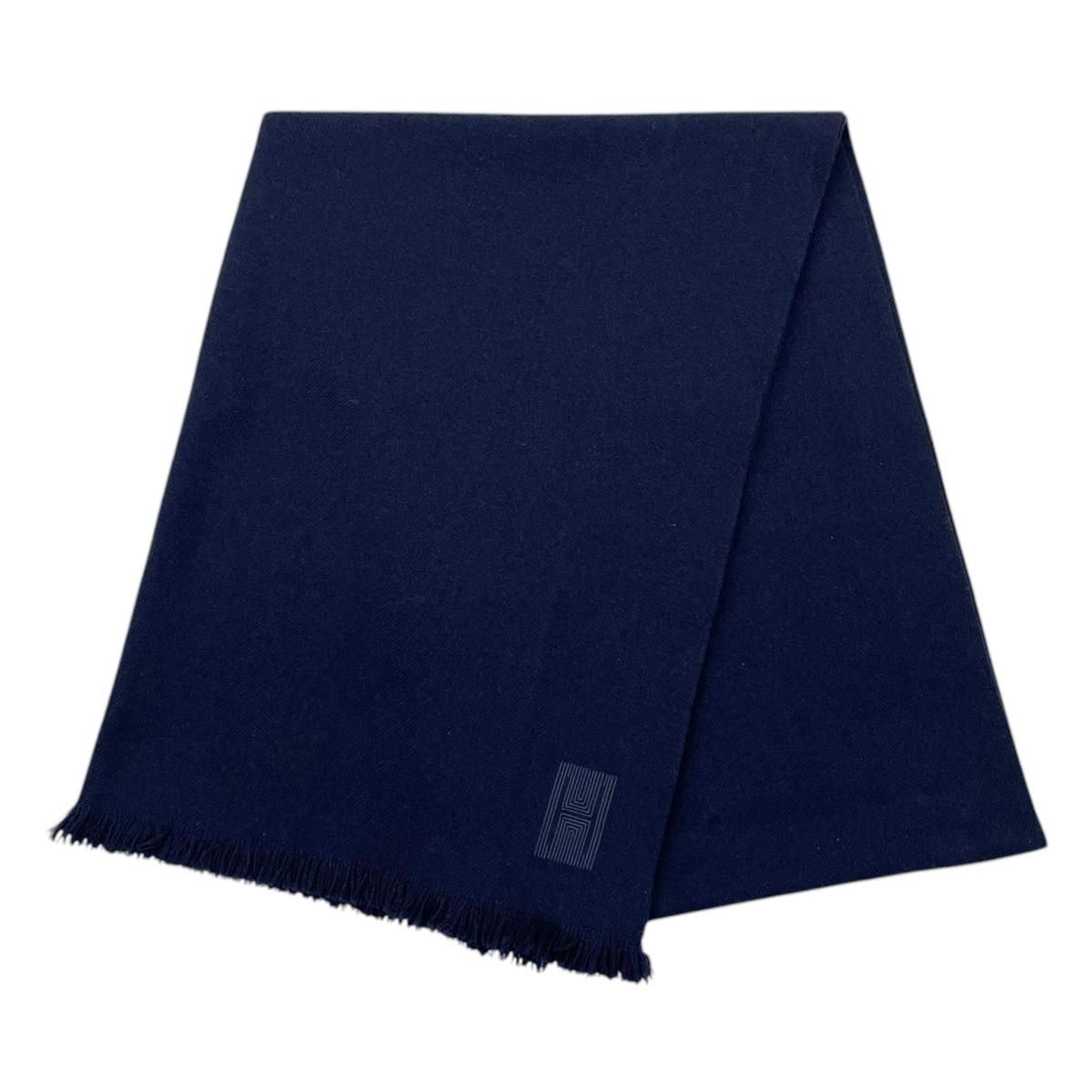 Hermes Shawl Logo Scarf Cashmere Navy