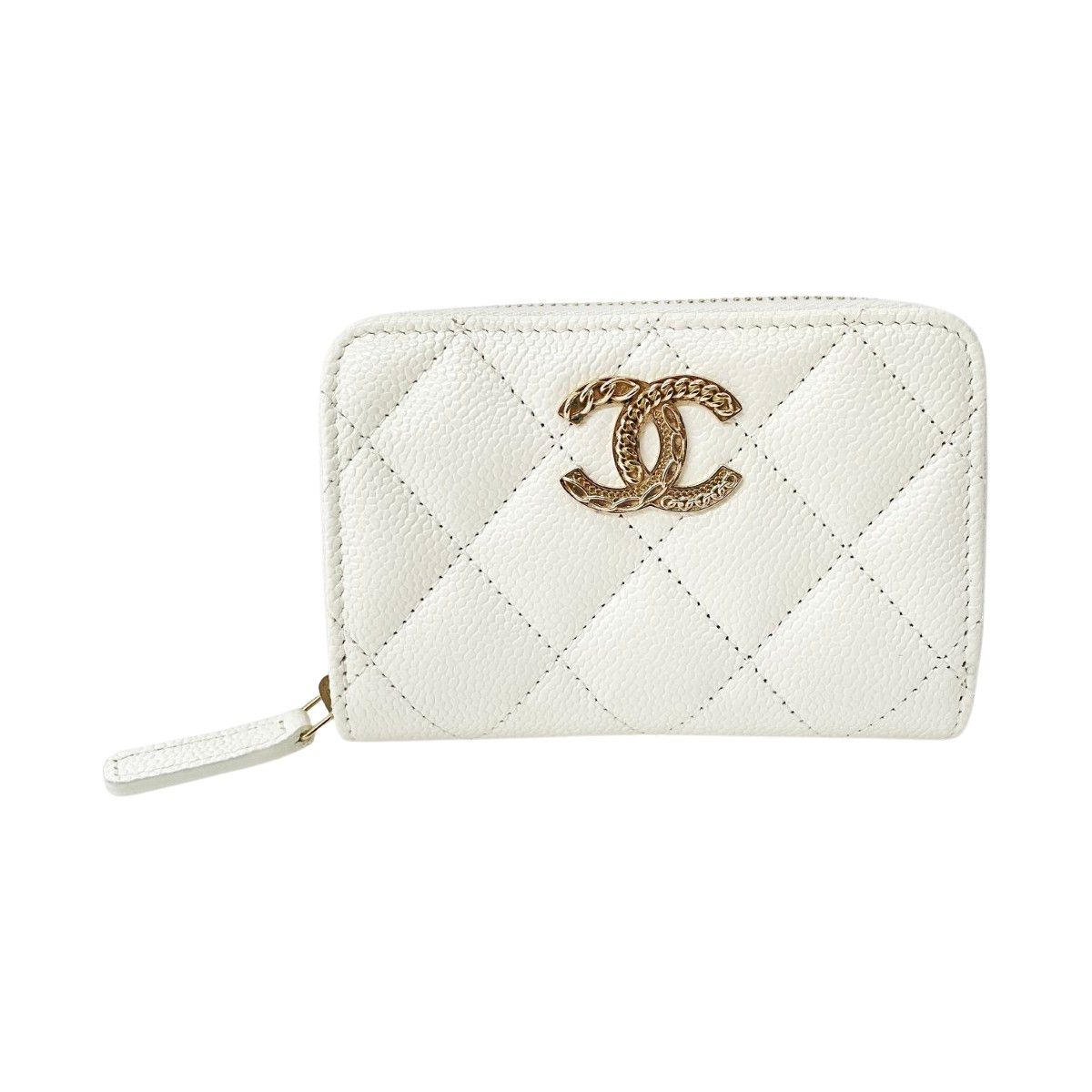 Chanel Wallet CC Logo Quilted Zip Around Coin Case White Caviar Leather