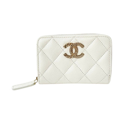Chanel Wallet CC Logo Quilted Zip Around Coin Case White Caviar Leather