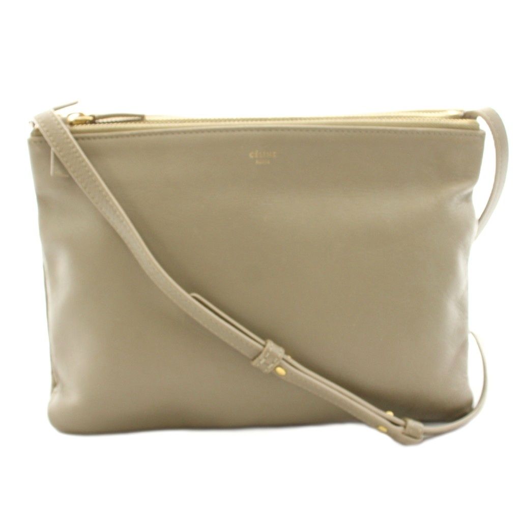 Celine Trio Large Shoulder Bag Pouch Leather Gray Ju KU