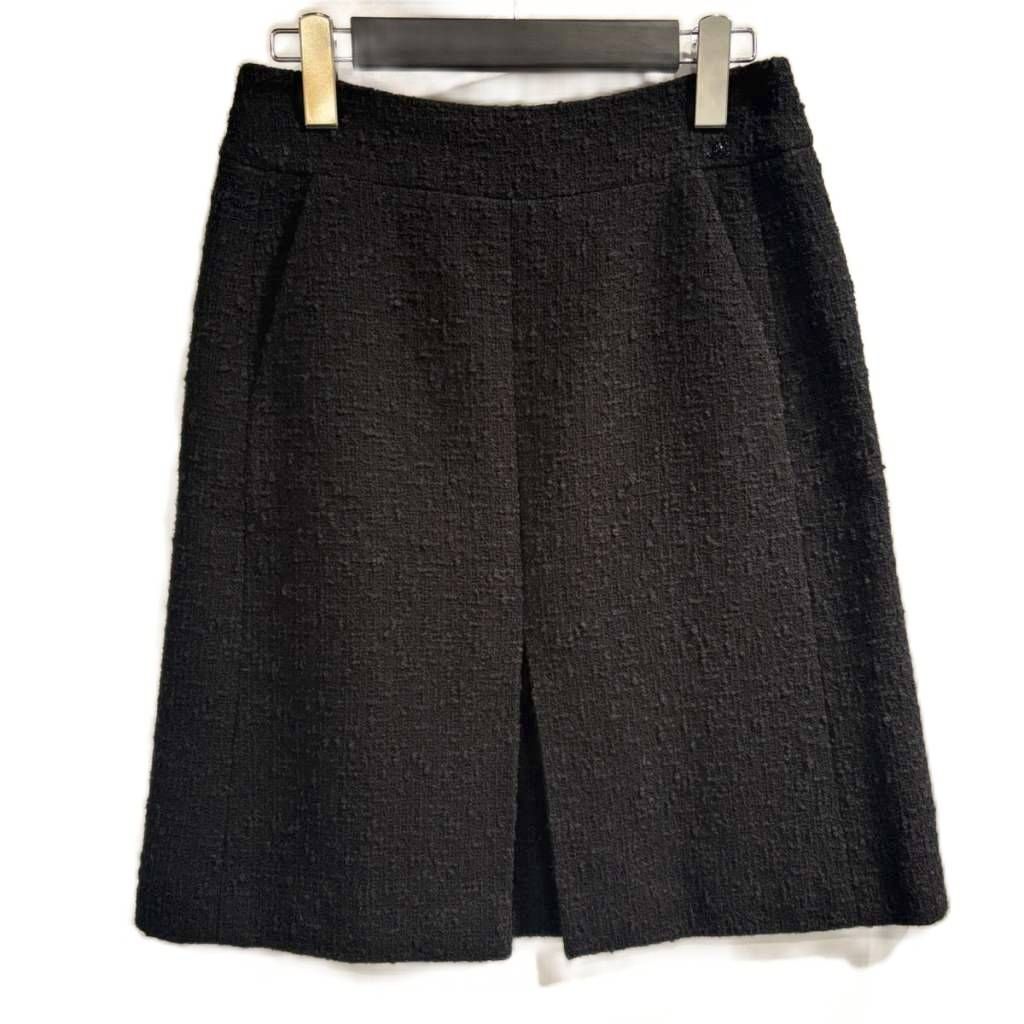 Chanel Tweed Skirt CC Logo Black 38