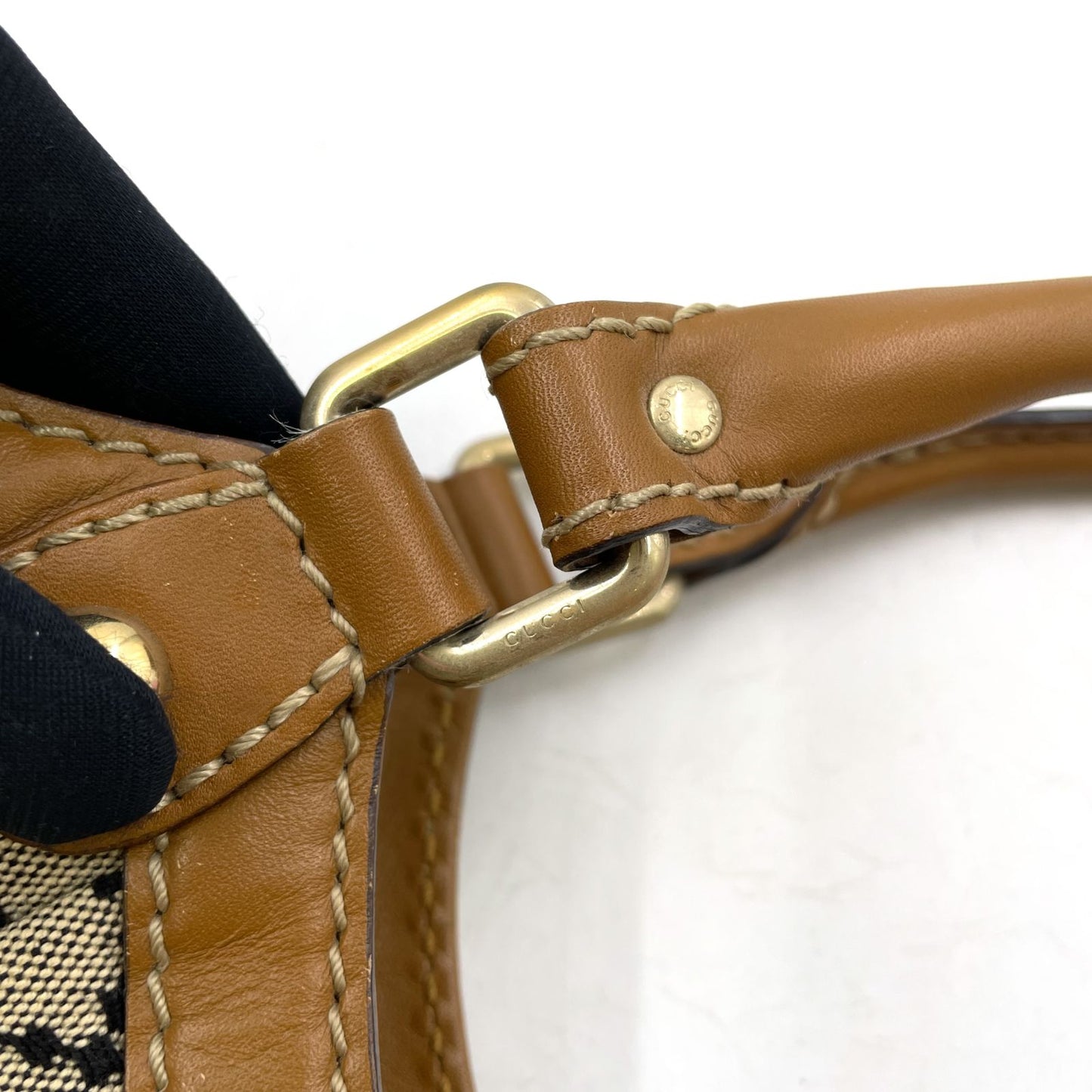 Gucci Ski Diamante Leather Canvas Beige Light Brown Handbag Gold — view 6