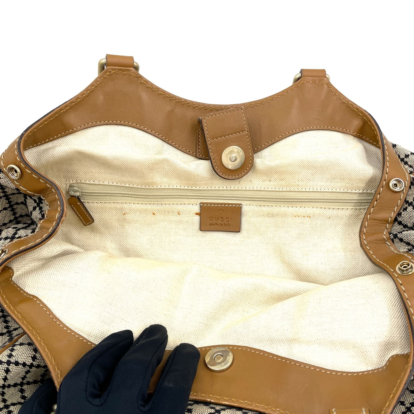 Gucci Ski Diamante Leather Canvas Beige Light Brown Handbag Gold — view 8