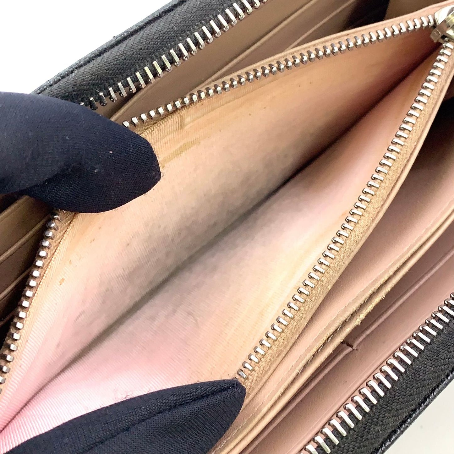 Prada Logo Zip Around Leather Black Wallet Silver — view 8