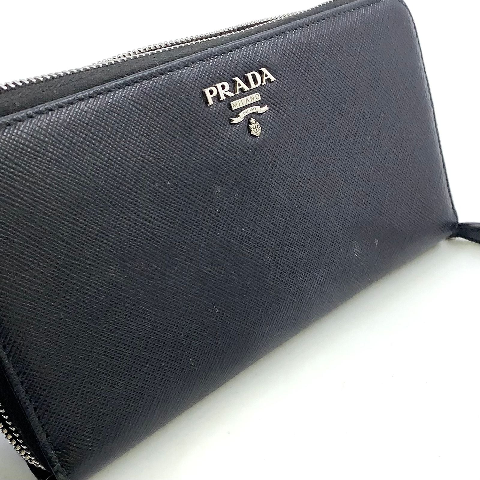 Prada Logo Zip Around Leather Black Wallet Silver — view 5