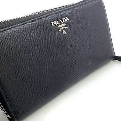 Prada Logo Zip Around Leather Black Wallet Silver — view 5