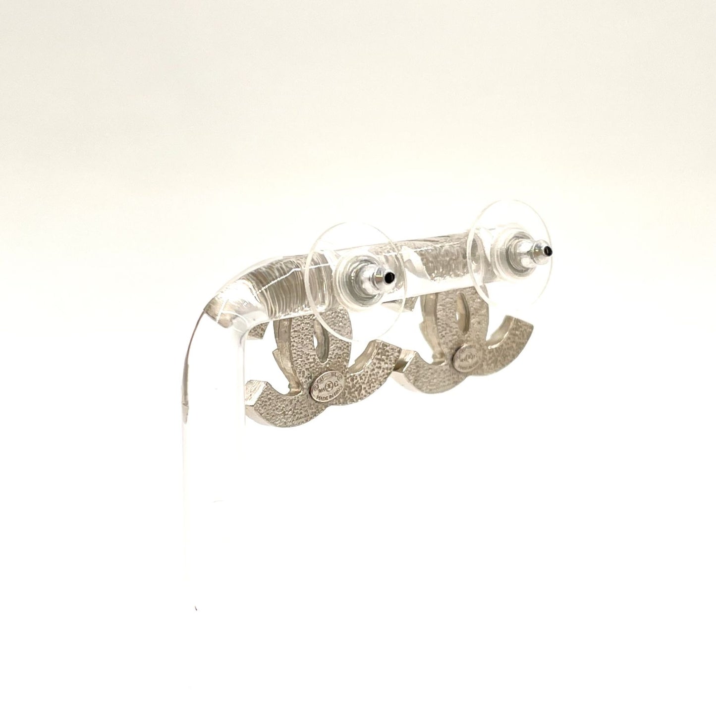 Chanel CC Logo Metal Line Stone Silver Earrings — view 3