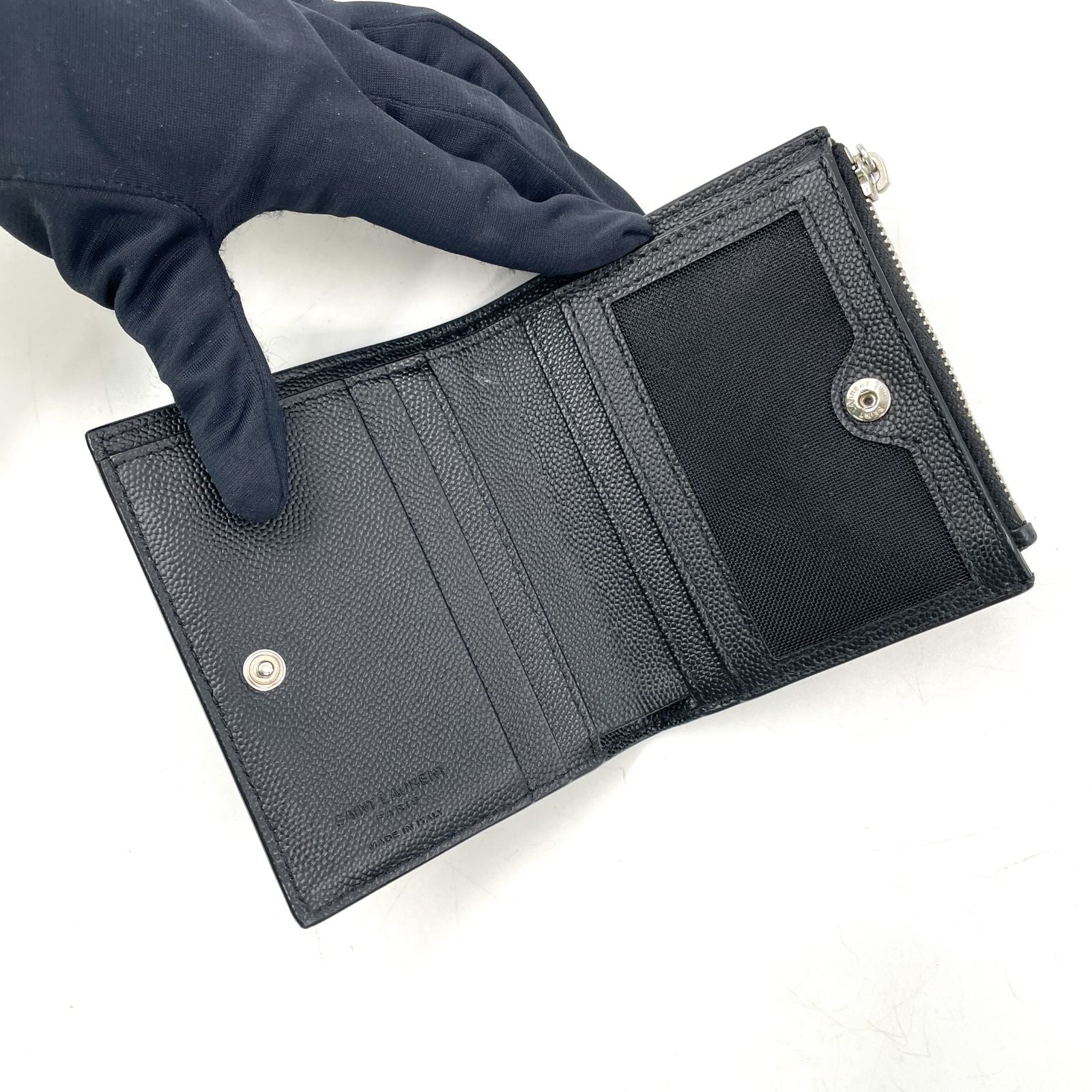 Saint Laurent Paris Zippered Bifold Mini Leather Black Wallet Silver — view 3