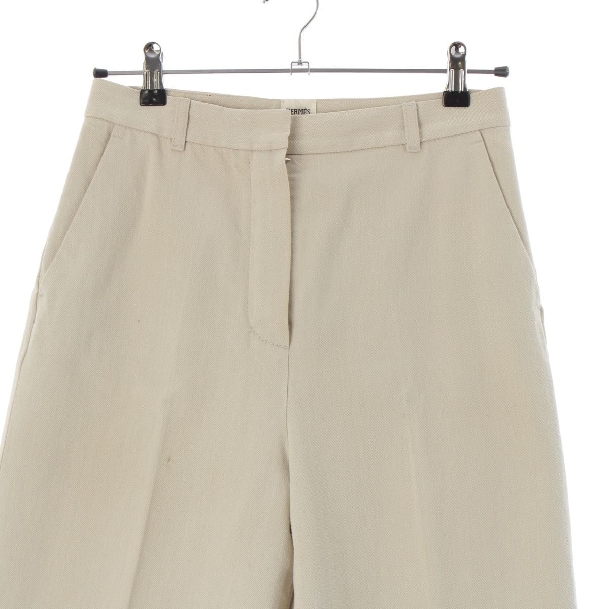 Hermes Cotton Twill Leather Patch Wide Straight Pants Beige — view 3