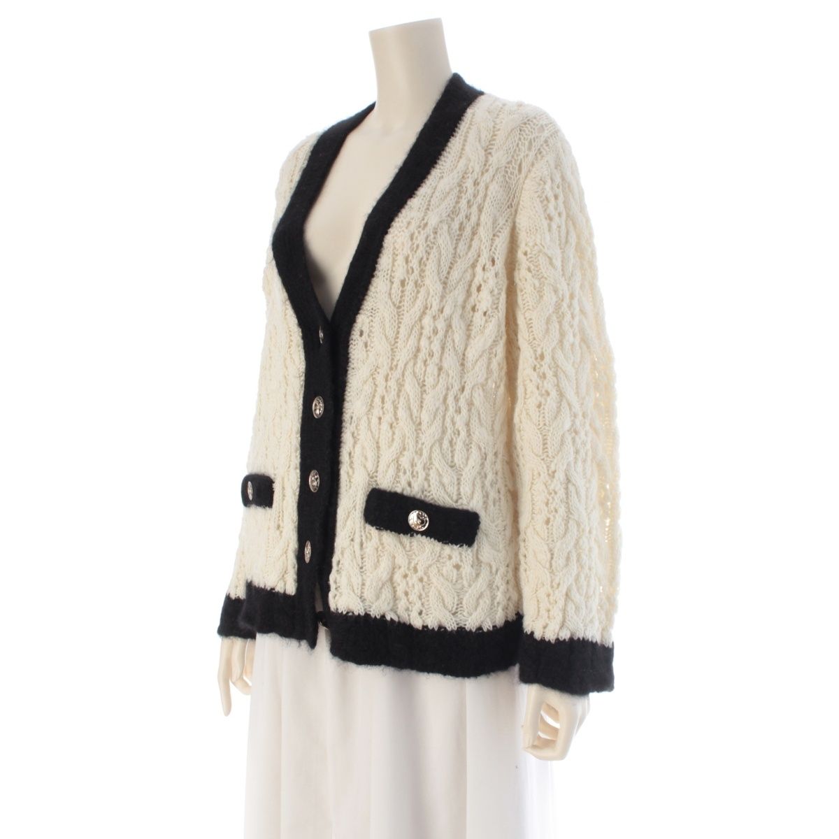 Chanel Wool Icon Button Knit Cardigan Top White Black 36 — view 2