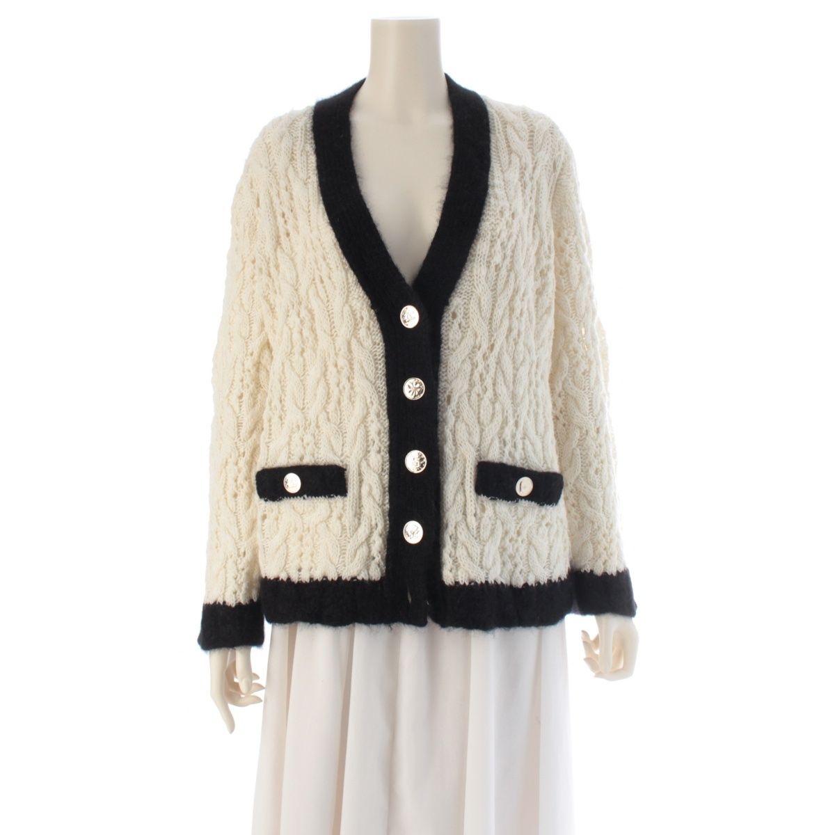 Chanel Wool Icon Button Knit Cardigan Top White Black 36