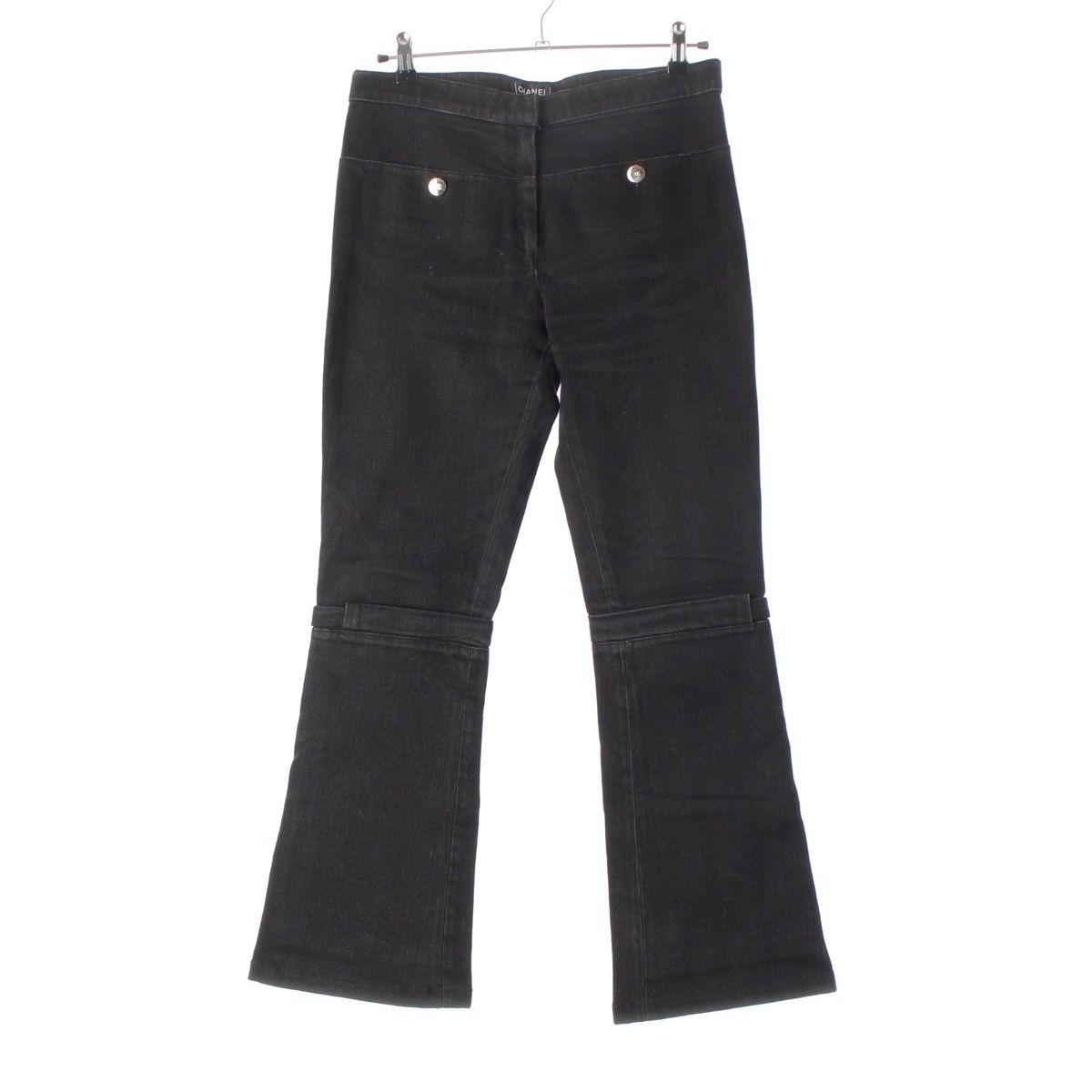 Chanel Cotton Coco Button Logo Belt Denim Pants Black 40