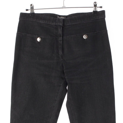 Chanel Cotton Coco Button Logo Belt Denim Pants Black 40 — view 3