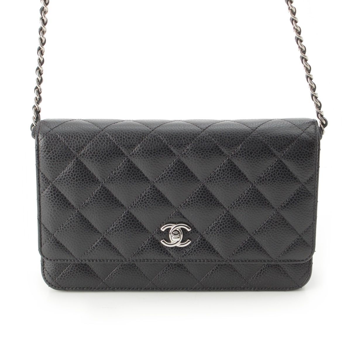 Chanel Caviar Leather Turnlock Classic Quilted Chain Shoulder Bag Wallet Silver