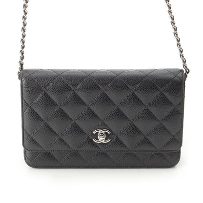 Chanel Caviar Leather Turnlock Classic Quilted Chain Shoulder Bag Wallet Silver