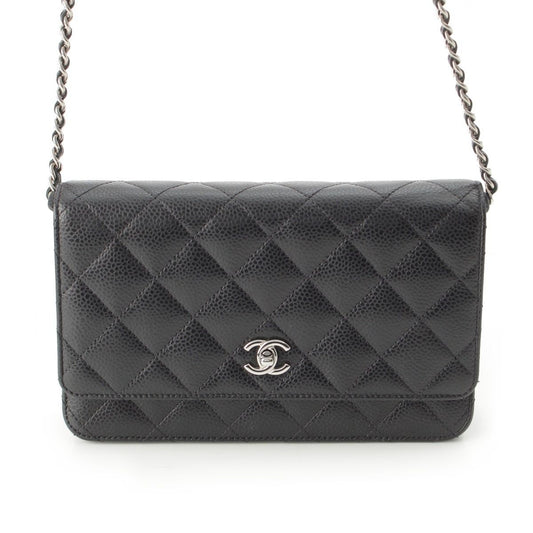Chanel Caviar Leather Turnlock Classic Quilted Chain Shoulder Bag Wallet Silver