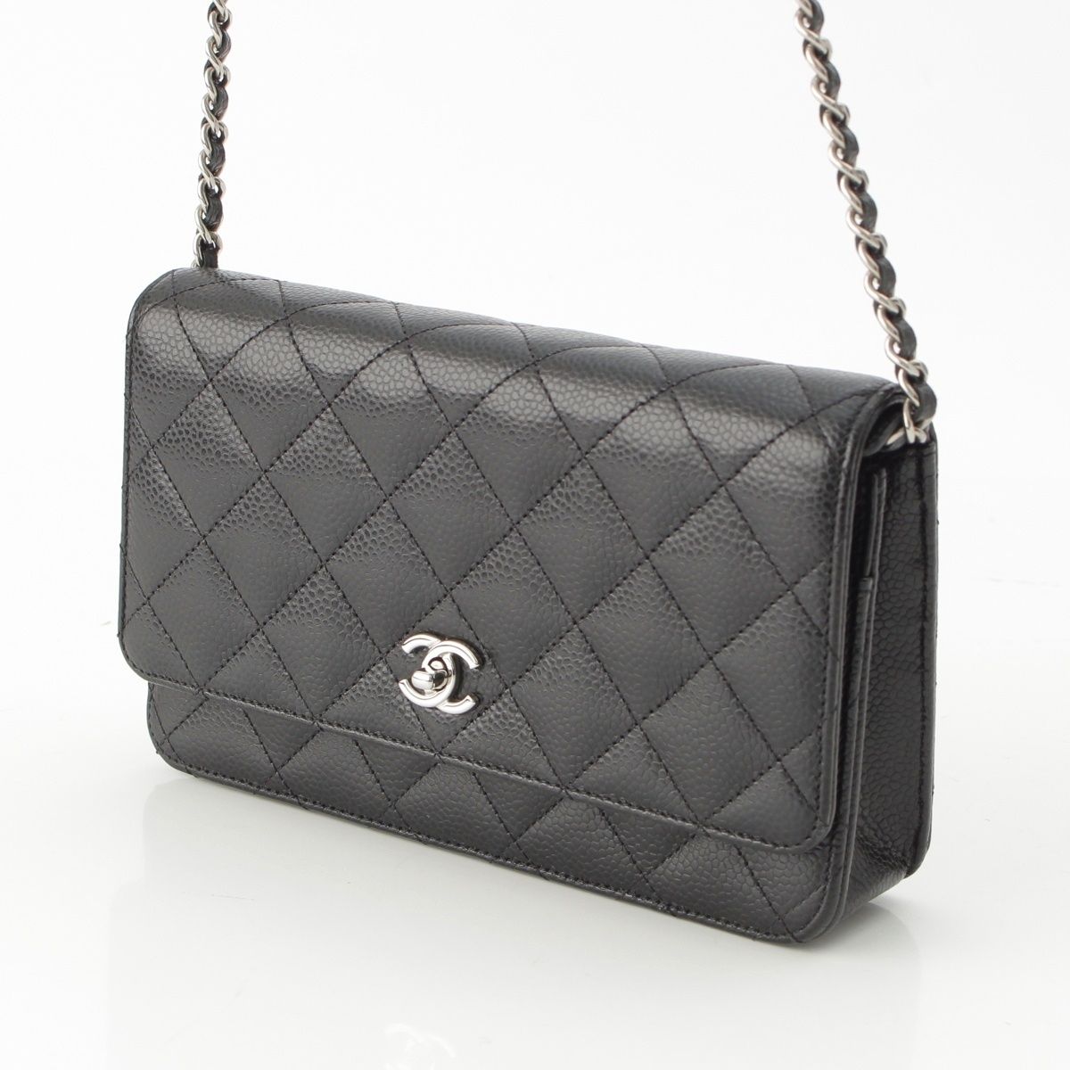 Chanel Caviar Leather Turnlock Classic Quilted Chain Shoulder Bag Wallet Silver — view 2