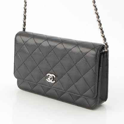 Chanel Caviar Leather Turnlock Classic Quilted Chain Shoulder Bag Wallet Silver — view 2