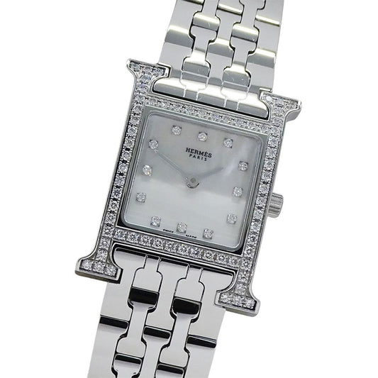 Hermes Watch Diamond Shell Quartz Stainless Steel Silver Polished