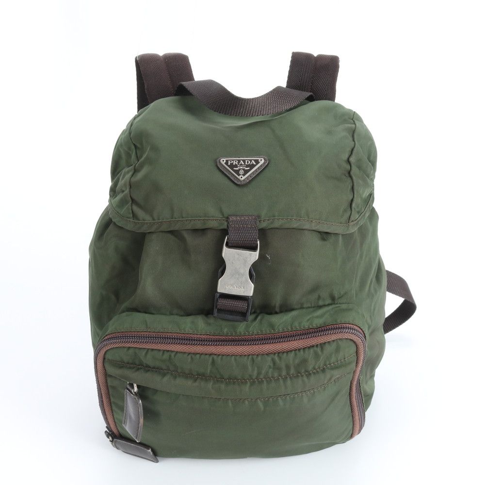 Prada Tessuto Nylon Triangle Logo Khaki Backpack Shoulder Bag