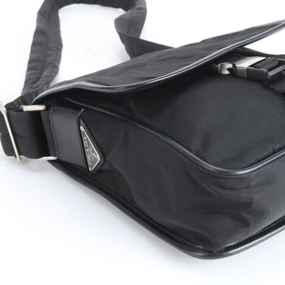 Prada Tessuto Nylon Triangle Logo Leather Shoulder Bag Crossbody Messenger Black — view 6