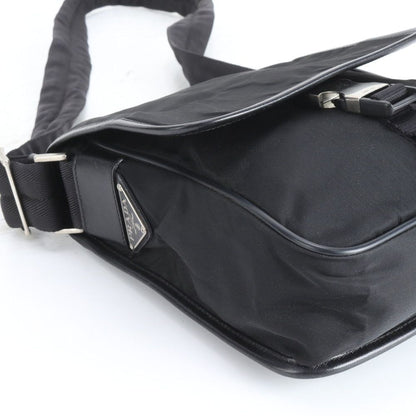 Prada Tessuto Nylon Triangle Logo Leather Shoulder Bag Crossbody Messenger Black — view 6
