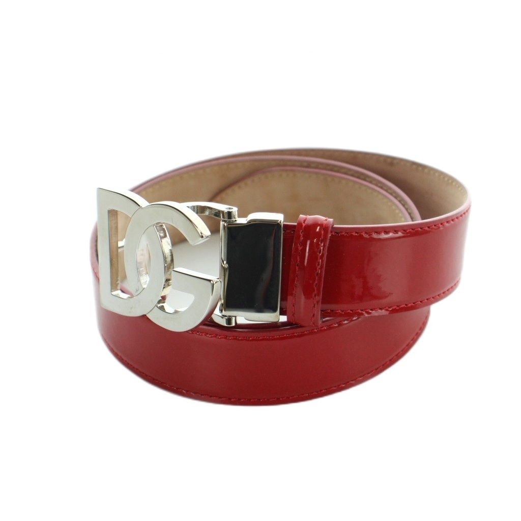 Dolce & Gabbana Belt Silver Enamel Leather DG Logo 85 cm Red