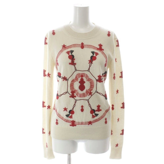 Hermes Knit Sweater Long Sleeve Cashmere Embroidery All Over Pattern 36 Ivory MW
