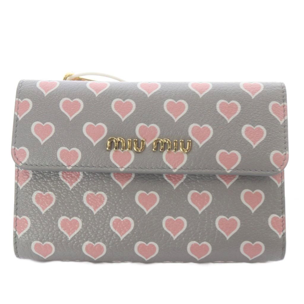 Miu Miu Miu Wallet Trifold Heart Pattern Goat Leather Gray