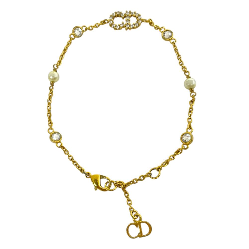 Dior Clair D Lune Bracelet CD Logo Line Stone Faux Pearl Metal Gold Classic